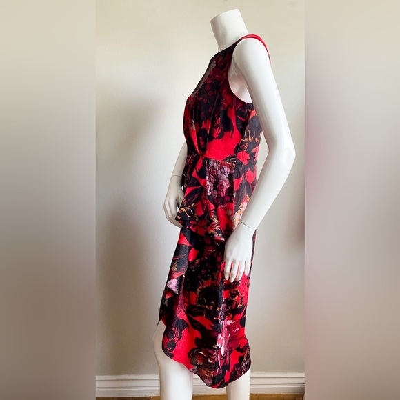 Calvin Klein Red Floral Sheath Dress Cascade Pleated Dark Romantic Wedding Midi - Picture 7 of 11